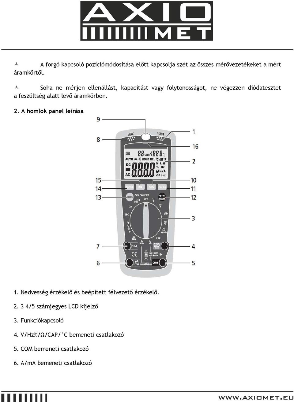 áramkörben. 2. A homlok panel leírása 1. Nedvesség érzékelő és beépített félvezető érzékelő. 2. 3 4/5 számjegyes LCD kijelző 3.