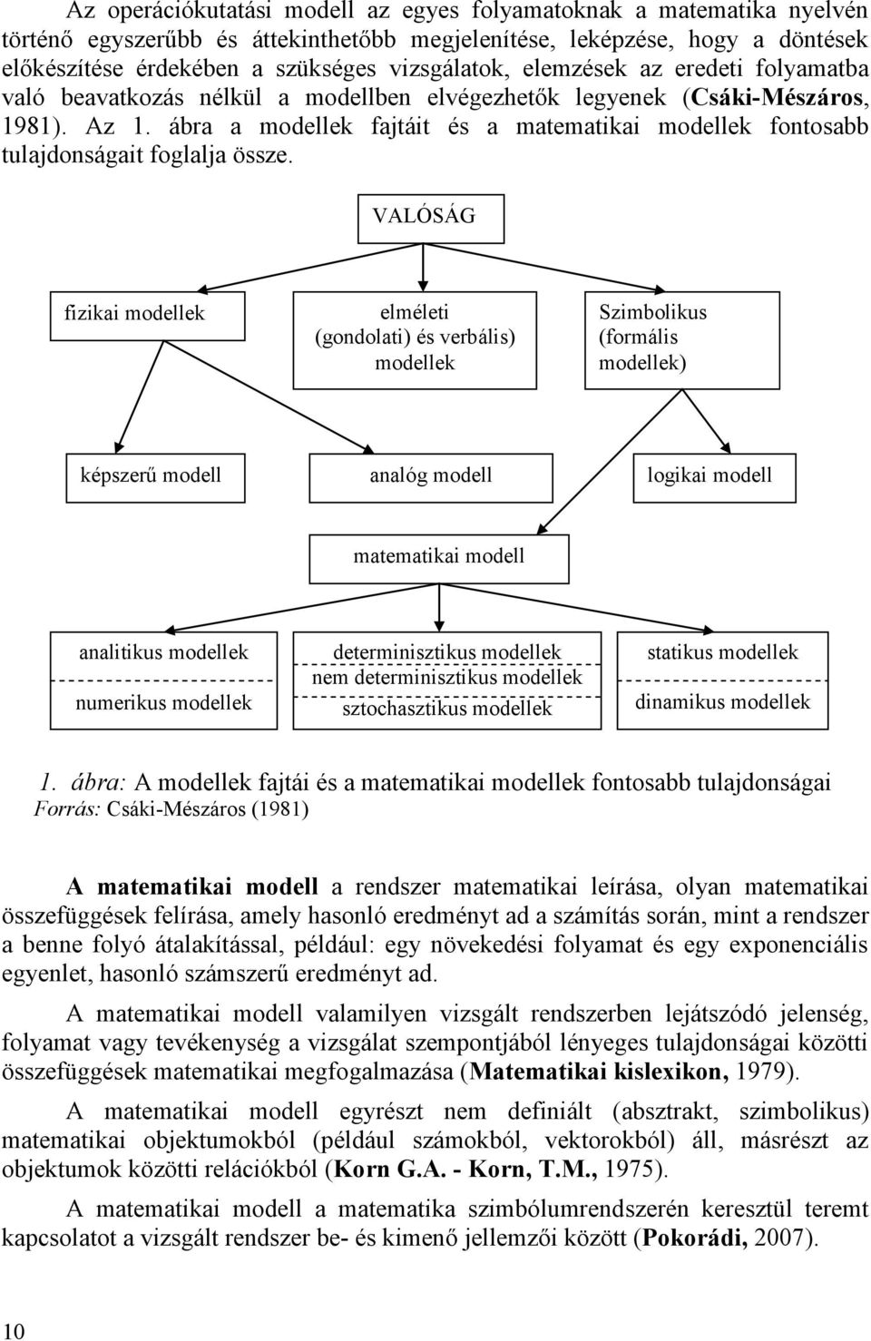 ábra a modellek fatáit és a matematikai modellek fontosabb tuladonságait foglala össze.