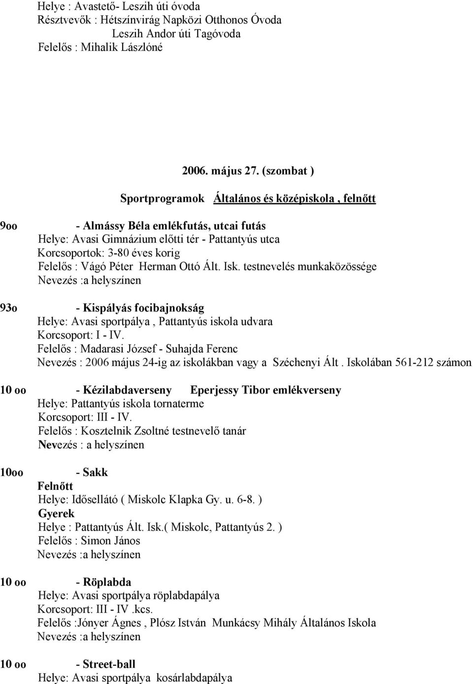 Vágó Péter Herman Ottó Ált. Isk. testnevelés munkaközössége - Kispályás focibajnokság Helye: Avasi sportpálya, Pattantyús iskola udvara Korcsoport: I - IV.