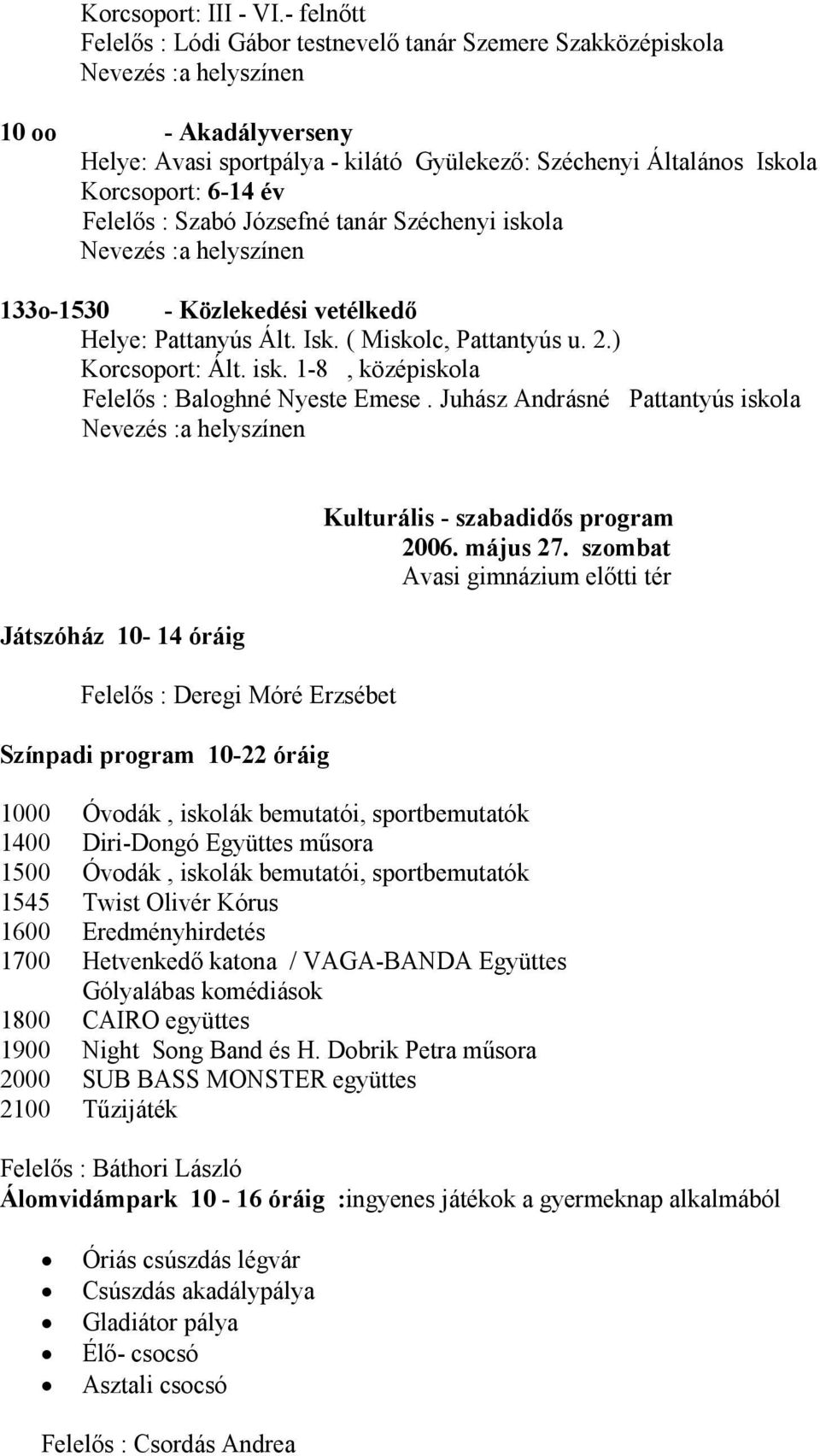 Szabó Józsefné tanár Széchenyi iskola 133o-1530 - Közlekedési vetélkedő Helye: Pattanyús Ált. Isk. ( Miskolc, Pattantyús u. 2.) Korcsoport: Ált. isk. 1-8, középiskola Felelős : Baloghné Nyeste Emese.