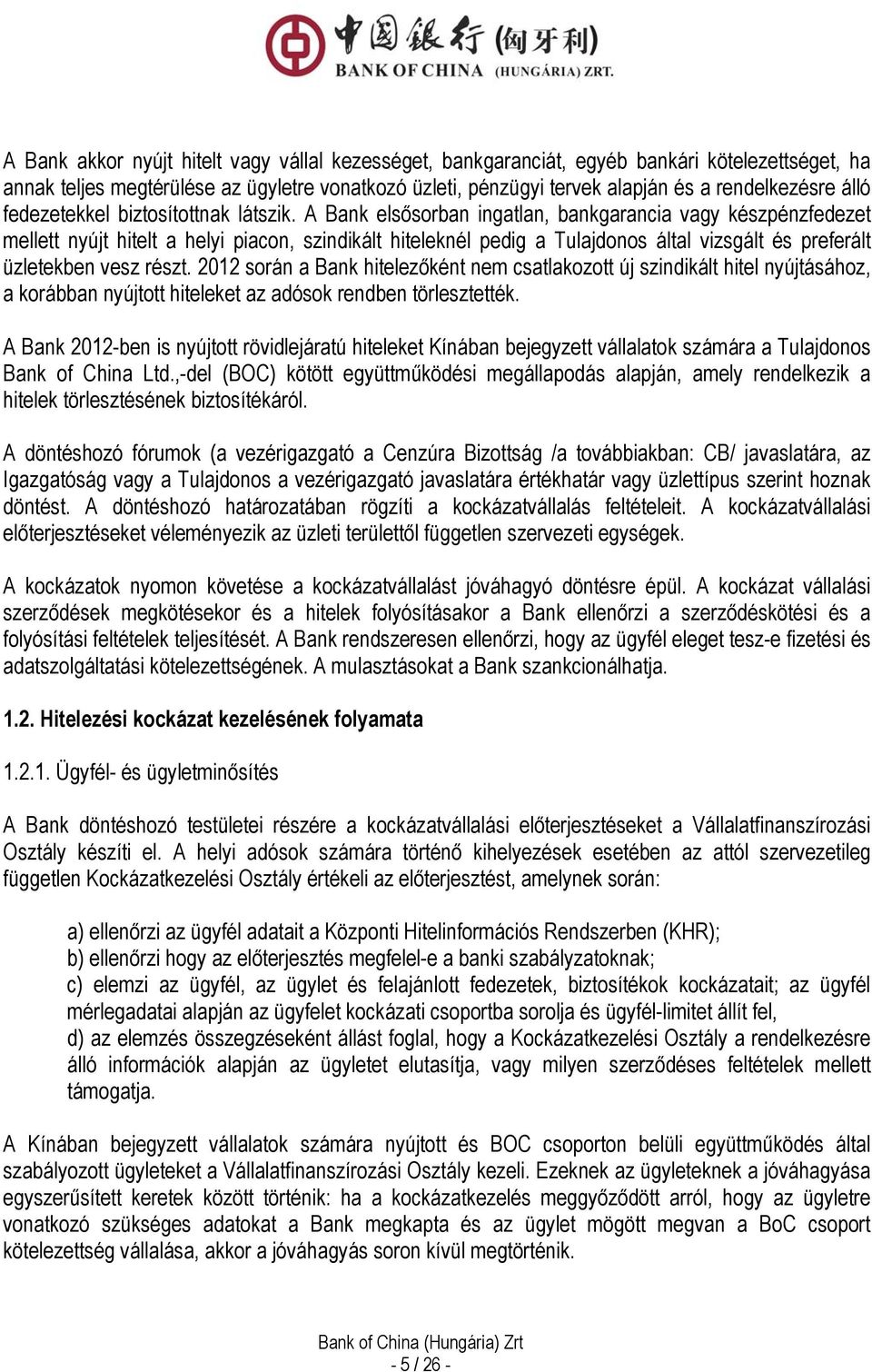 A Bank elsősorban ingatlan, bankgarancia vagy készpénzfedezet mellett nyújt hitelt a helyi piacon, szindikált hiteleknél pedig a Tulajdonos által vizsgált és preferált üzletekben vesz részt.