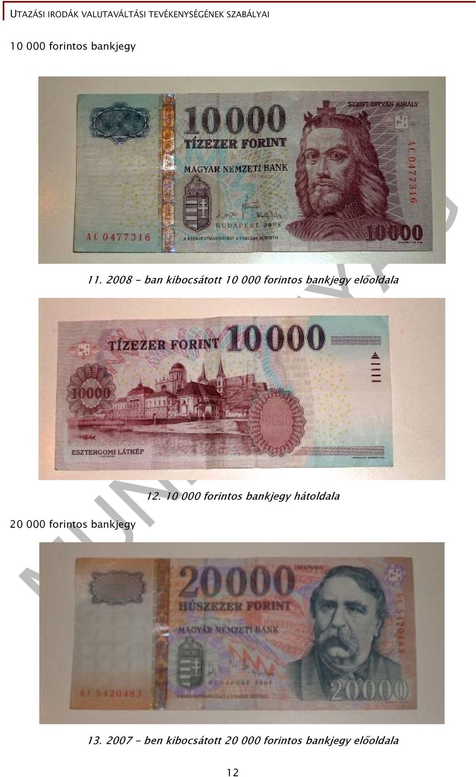 előoldala 12. 10 000 forintos bankjegy hátoldala 13.
