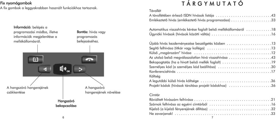 A hangszóró hangerejének növelése T Á R G Y M U T A T Ó Távollét A távollétében érkezõ ISDN hívások listája..........................43 Emlékeztetõ hívás (emlékeztetõ hívás programozása).