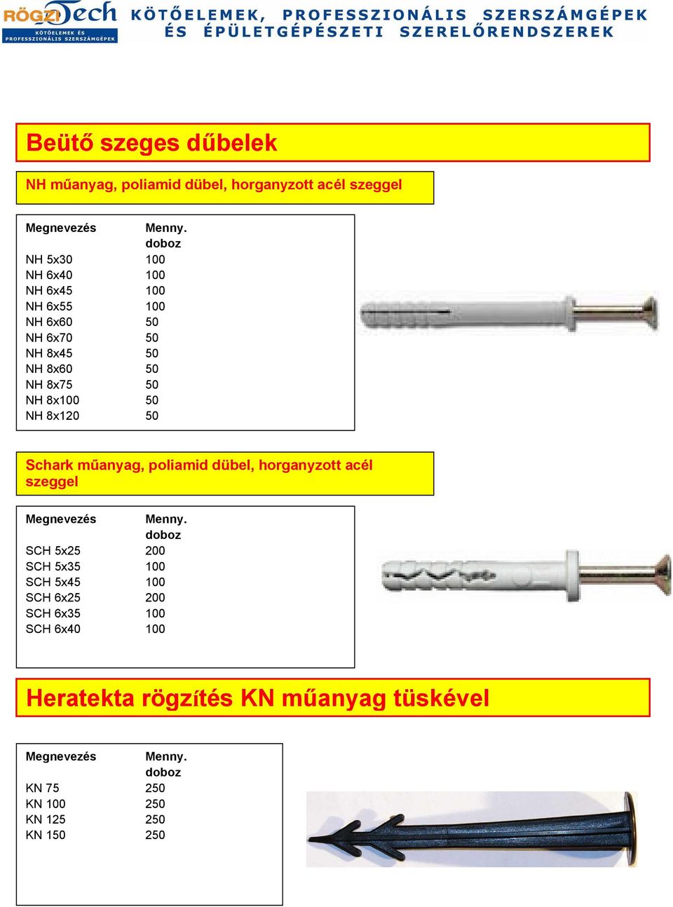 50 NH 8x120 50 NH 8x135 50 Schark m anyag, poliamid dübel, horganyzott acél szeggel Menny.