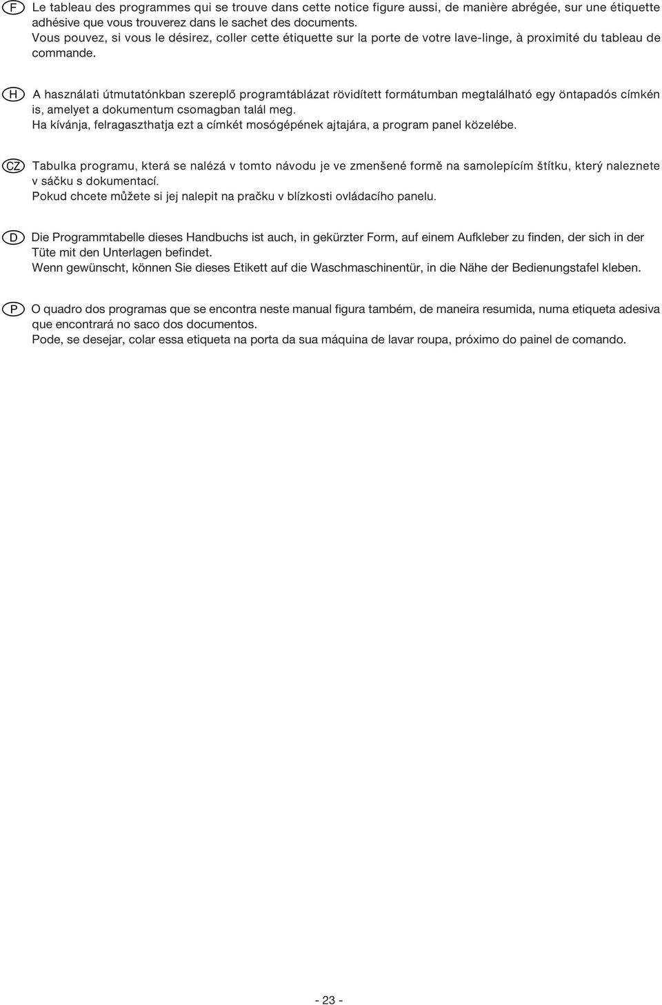A használati útmutatónkban szereplő programtáblázat rövidített formátumban megtalálható egy öntapadós címkén is, amelyet a dokumentum csomagban talál meg.