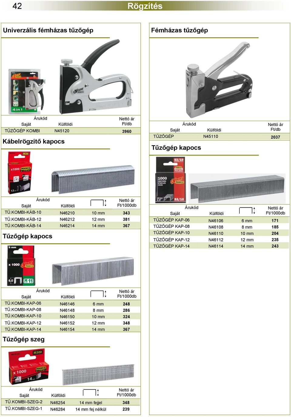 KOMBI-KÁB-14 N46214 14 mm 367 Tűzőgép kapocs Ft/1000db TŰZŐGÉP KAP-06 N46106 6 mm 171 TŰZŐGÉP KAP-08 N46108 8 mm 185 TŰZŐGÉP KAP-10 N46110 10 mm 204 TŰZŐGÉP KAP-12 N46112 12 mm
