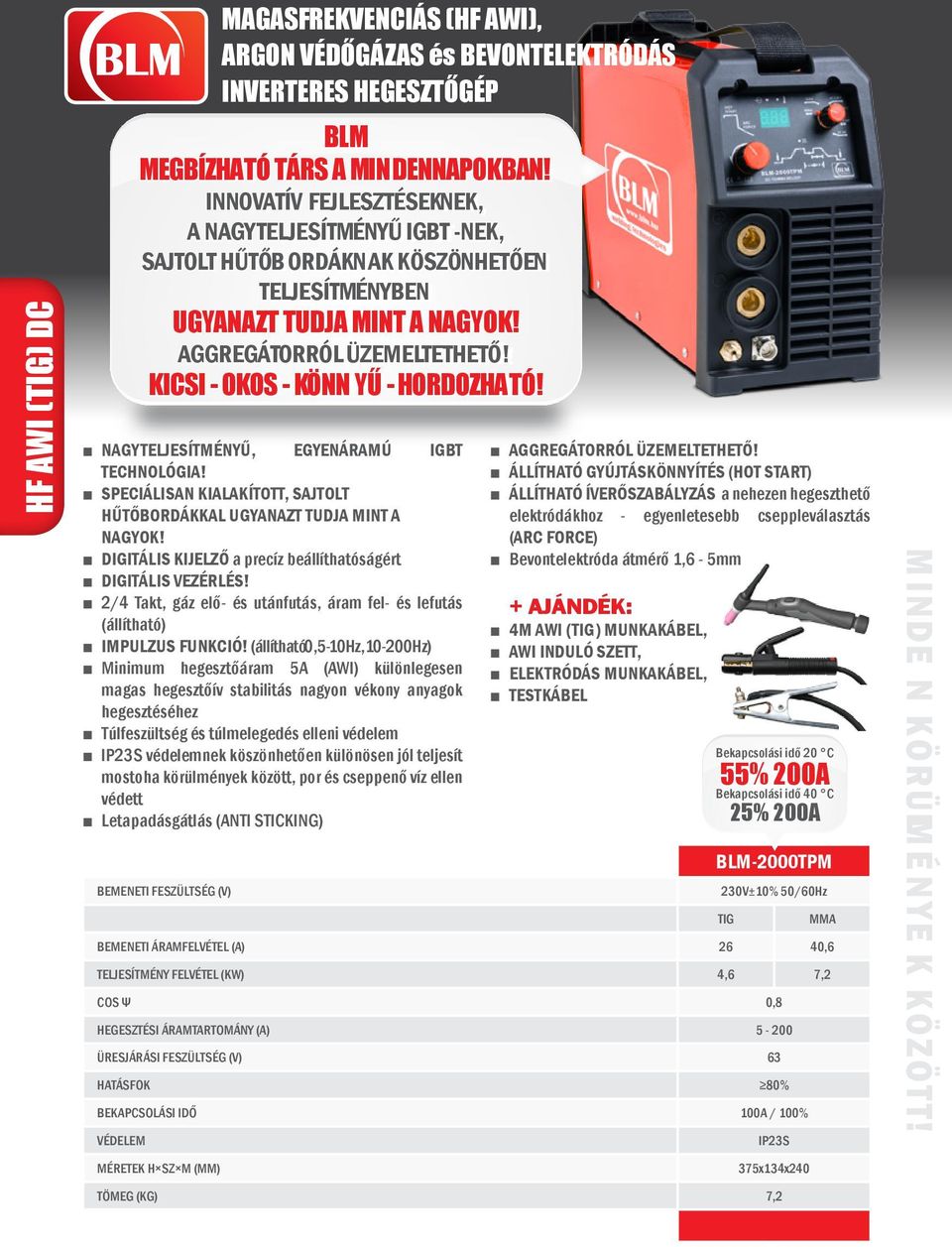 munkakábel, awi INduló szett, elektródás munkakábel, Blm-2000tpm 230V±10% 50/60Hz BeMeNeTI áramfelvétel (A) 26 40,6 TeLjeSÍTMéNy felvétel (KW) 4,6 7,2 CoS ψ 0,8 HeGeSzTéSI áramtartomány (A) 5-200