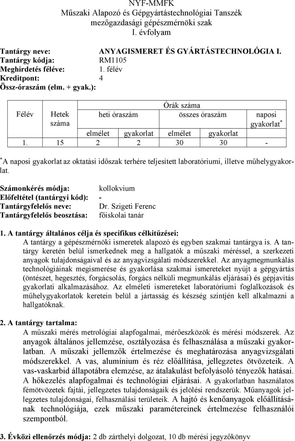 15 2 2 30 30 - A naposi gyakorlat az oktatási időszak terhére teljesített laboratóriumi, illetve műhelygyakorlat. Számonkérés módja: kollokvium Előfeltétel (tantárgyi kód): - Tantárgyfelelős neve: Dr.