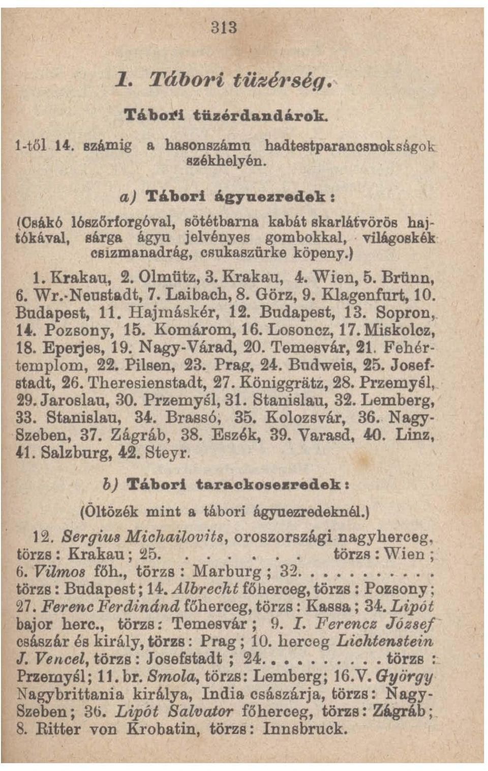 Wien, 5. Brlinn, 6. Wr.-Neustadt, 7. Laibach, 8. Görz, 9_ Klagenfurt, 10. Budapest, 11. Hajmáskér, 1!. Budapest, 13. Sopron, a. Pozsony, 15. Komárom, 16_ Losoncz, 17. Miskoloz, 18. Eperjes, 19.