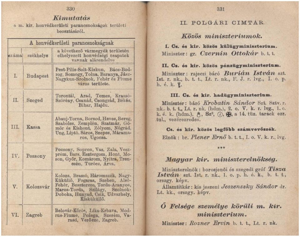 Budapest rog, Somogy, Tolna, Baranya, Jász- Nagykun-Szolnok, Fehér és Fiume város területe. -- Torontál, Arad, Temes, Krassó- II. Szeged Szörény, Csanád, Csongrád, Békés, Bihar, Hajdu_ III.