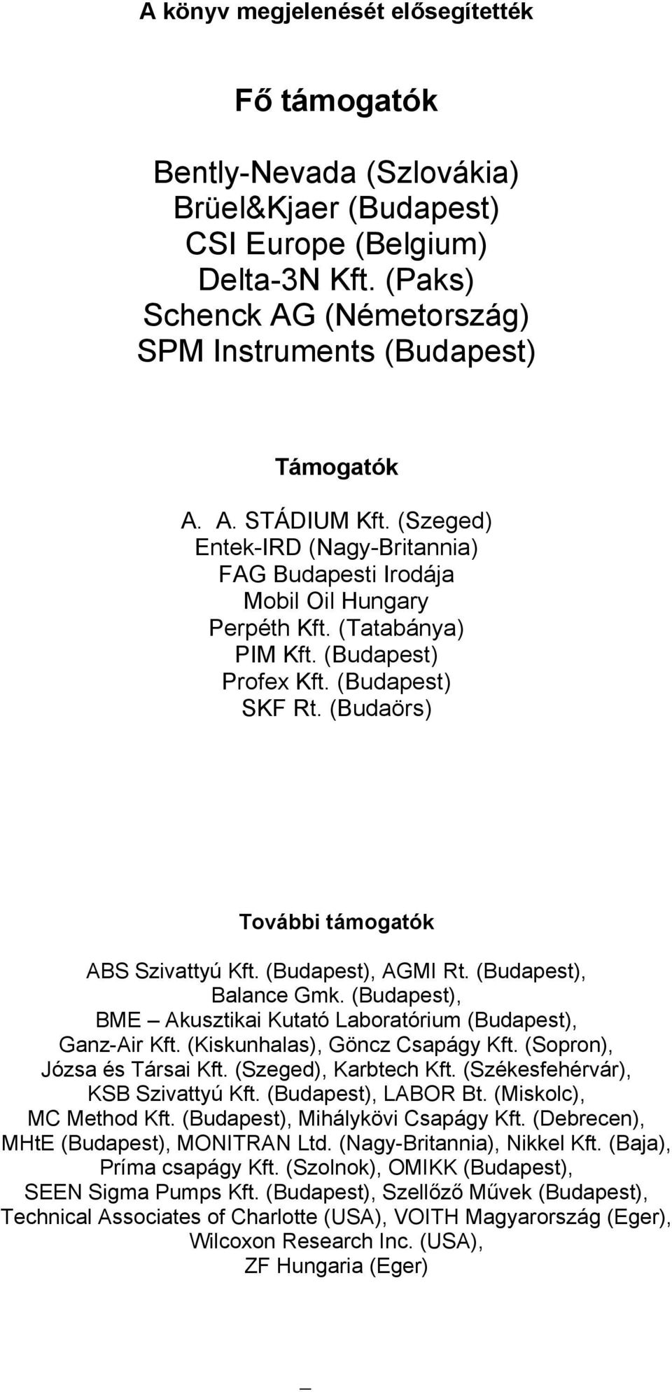 (Budapest) Profex Kft. (Budapest) SKF Rt. (Budaörs) További támogatók ABS Szivattyú Kft. (Budapest), AGMI Rt. (Budapest), Balance Gmk.