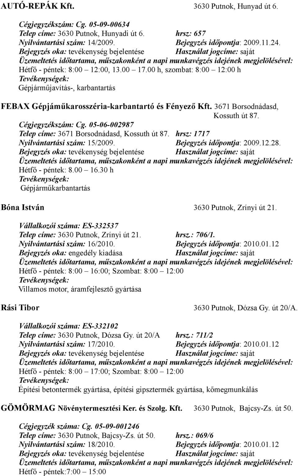 Cégjegyzékszám: Cg. 05-06-002987 Telep címe: 3671 Borsodnádasd, Kossuth út 87. hrsz: 1717 Nyilvántartási szám: 15/2009. Bejegyzés időpontja: 2009.12.28. Hétfő - péntek: 8.00 16.