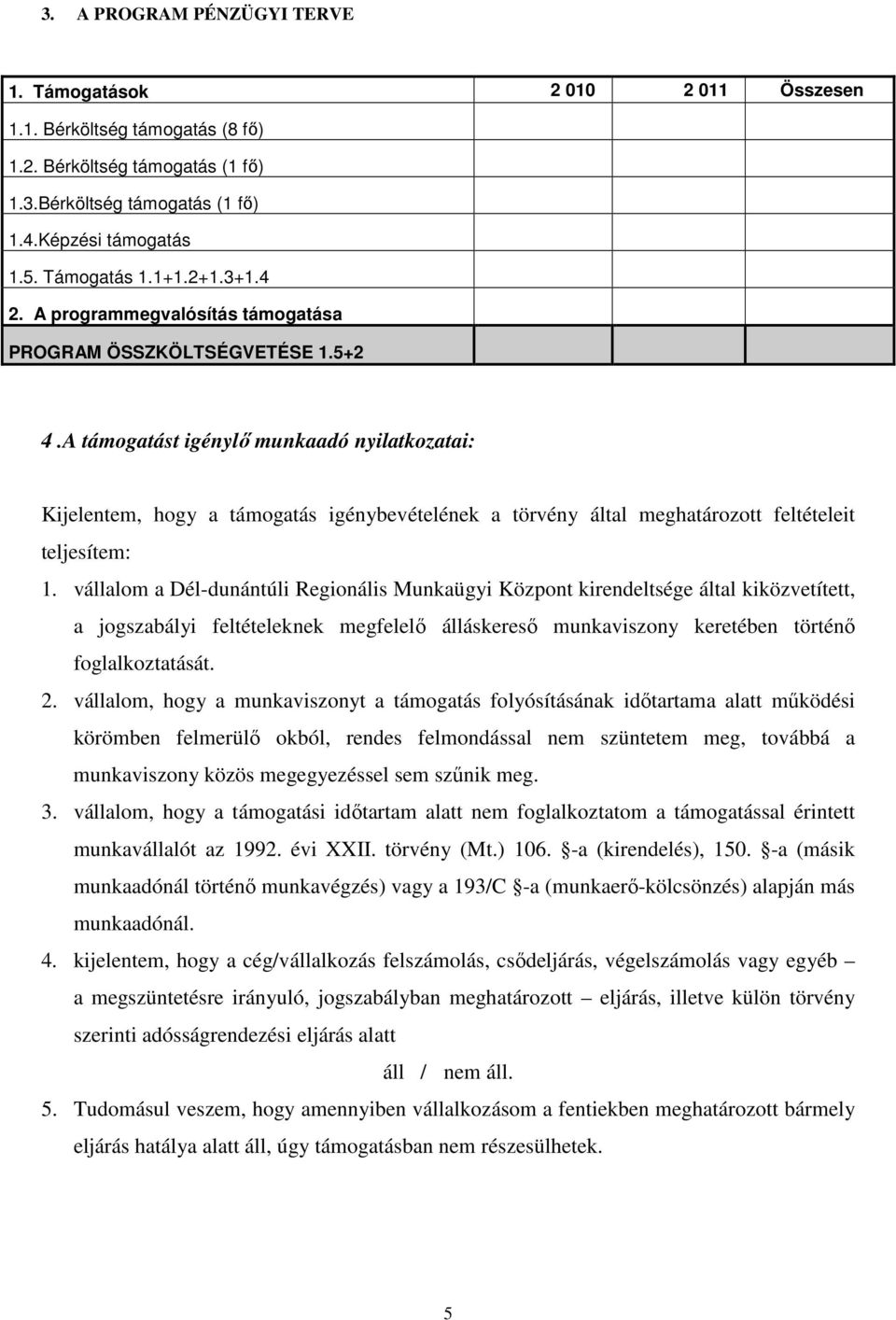 A támogatást igénylő munkaadó nyilatkozatai: Kijelentem, hogy a támogatás igénybevételének a törvény által meghatározott feltételeit teljesítem: 1.