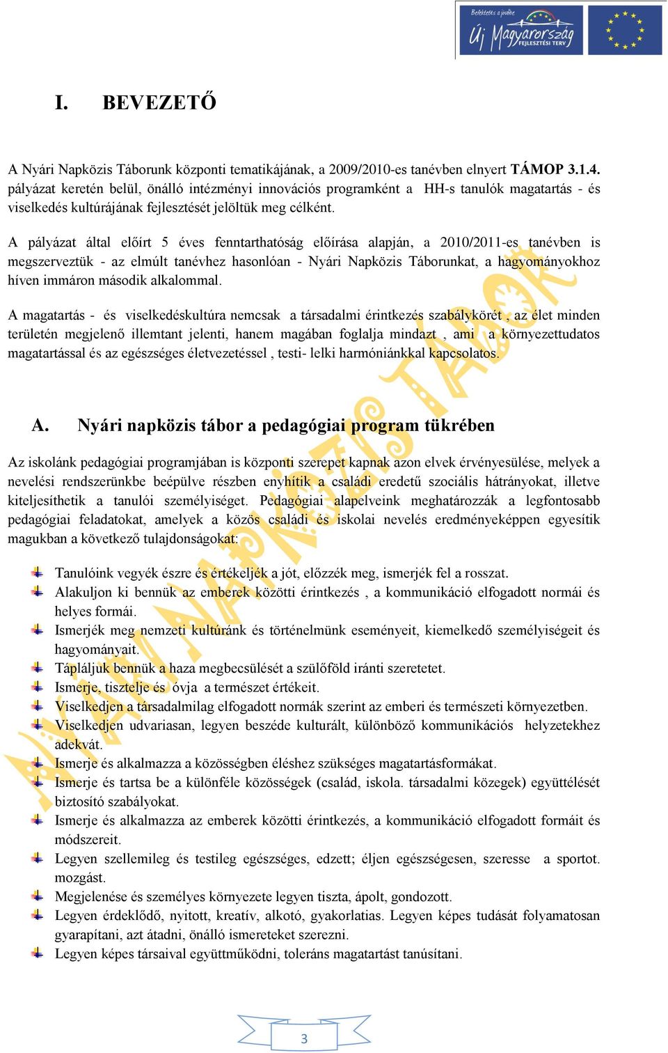 A pályázat által előírt 5 éves fenntarthatóság előírása alapján, a 2010/2011-es tanévben is megszerveztük - az elmúlt tanévhez hasonlóan - Nyári Napközis Táborunkat, a hagyományokhoz híven immáron