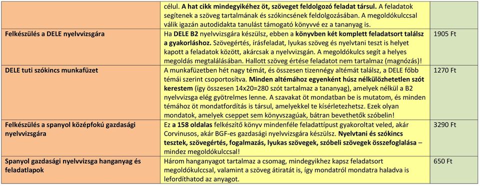 A megoldókulccsal válik igazán autodidakta tanulást támogató könyvvé ez a tananyag is. Ha DELE B2 nyelvvizsgára készülsz, ebben a könyvben két komplett feladatsort találsz a gyakorláshoz.