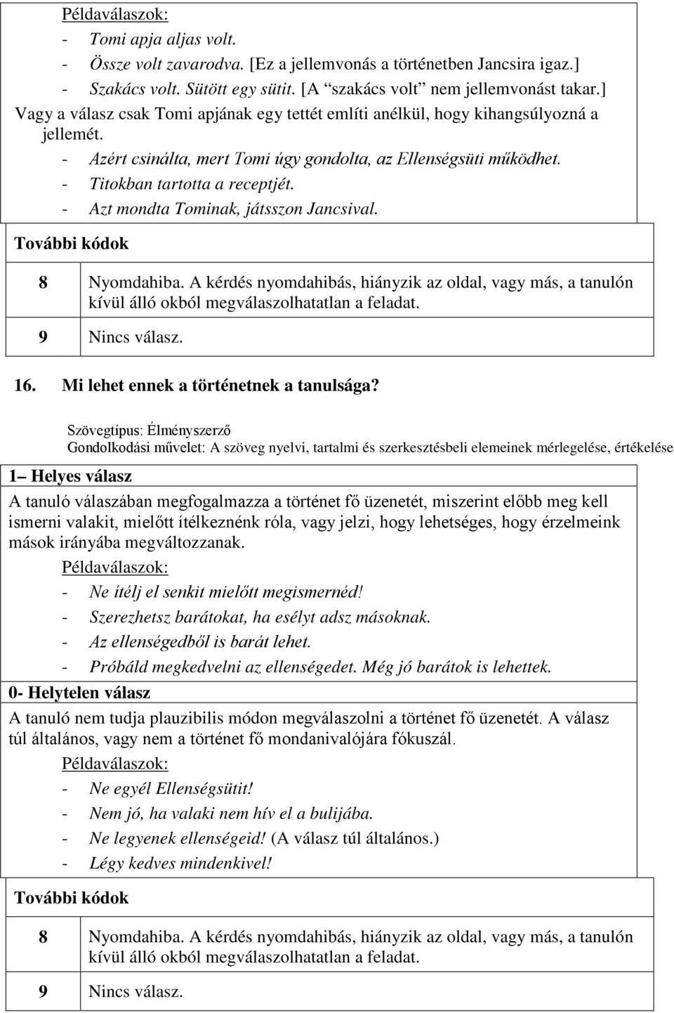 - Azt mondta Tominak, játsszon Jancsival. További kódok 8 Nyomdahiba. A kérdés nyomdahibás, hiányzik az oldal, vagy más, a tanulón kívül álló okból megválaszolhatatlan a feladat. 9 Nincs válasz. 16.