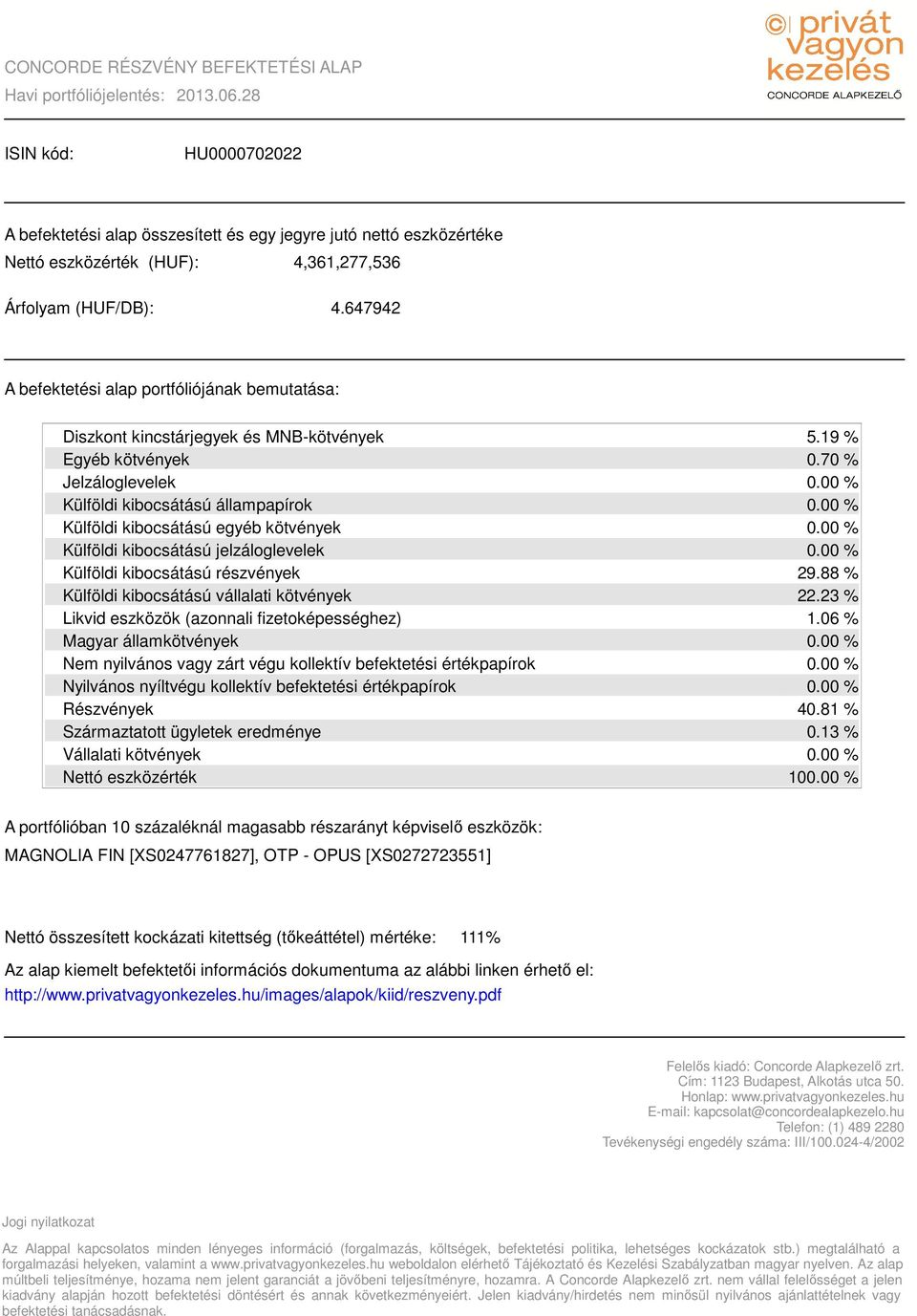 647942 A befektetési alap portfóliójának bemutatása: Diszkont kincstárjegyek és MNB-kötvények Egyéb kötvények Jelzáloglevelek Külföldi kibocsátású állampapírok Külföldi kibocsátású egyéb kötvények