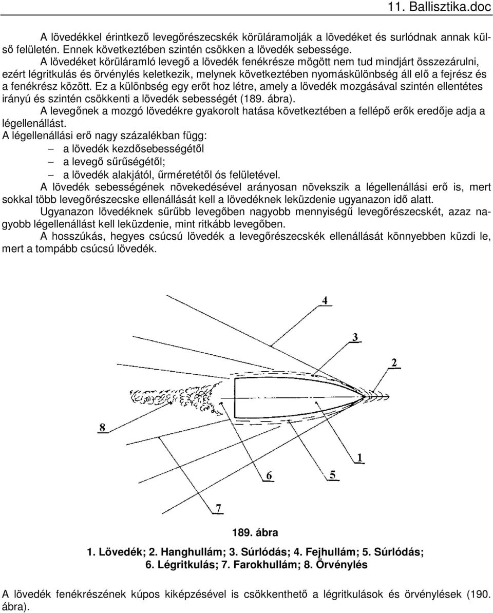 fenékrész között. Ez a különbség egy erőt hoz létre, amely a lövedék mozgásával szintén ellentétes irányú és szintén csökkenti a lövedék sebességét (189. ábra).