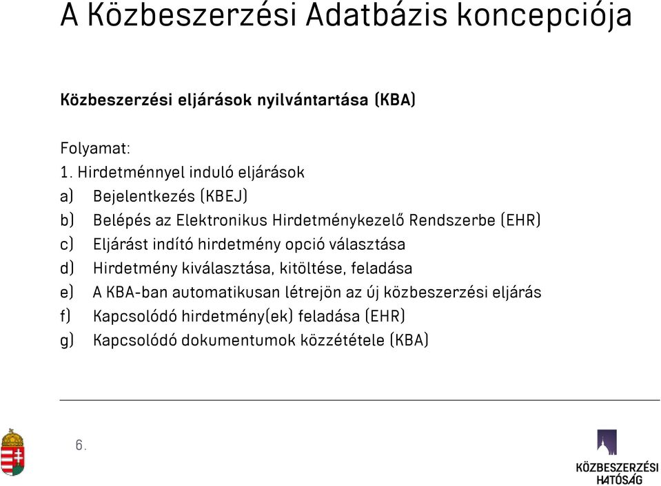 c) Eljárást indító hirdetmény opció választása d) Hirdetmény kiválasztása, kitöltése, feladása e) A KBA-ban