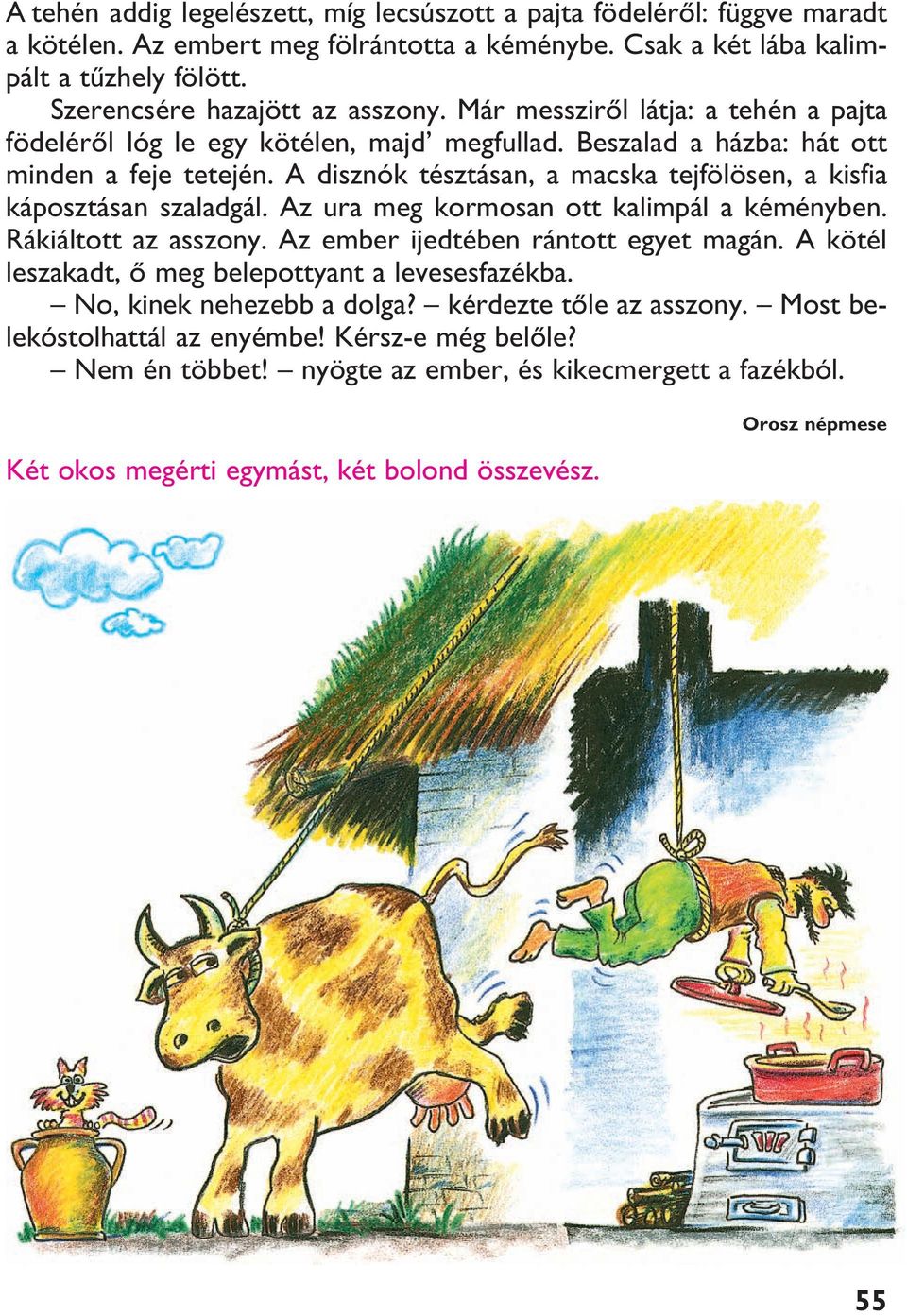 A disznók tésztásan, a macska tejfölösen, a kisfia káposztásan szaladgál. Az ura meg kormosan ott kalimpál a kéményben. Rákiáltott az asszony. Az ember ijedtében rántott egyet magán.
