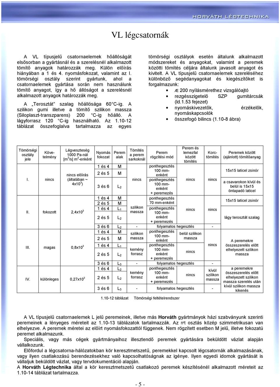 tömörségi osztály szerint gyártunk, ahol a csatornaelemek gyártása során nem használunk tömítő anyagot, így a hő állóságot a szerelésnél alkalmazott anyagok határozzák meg.