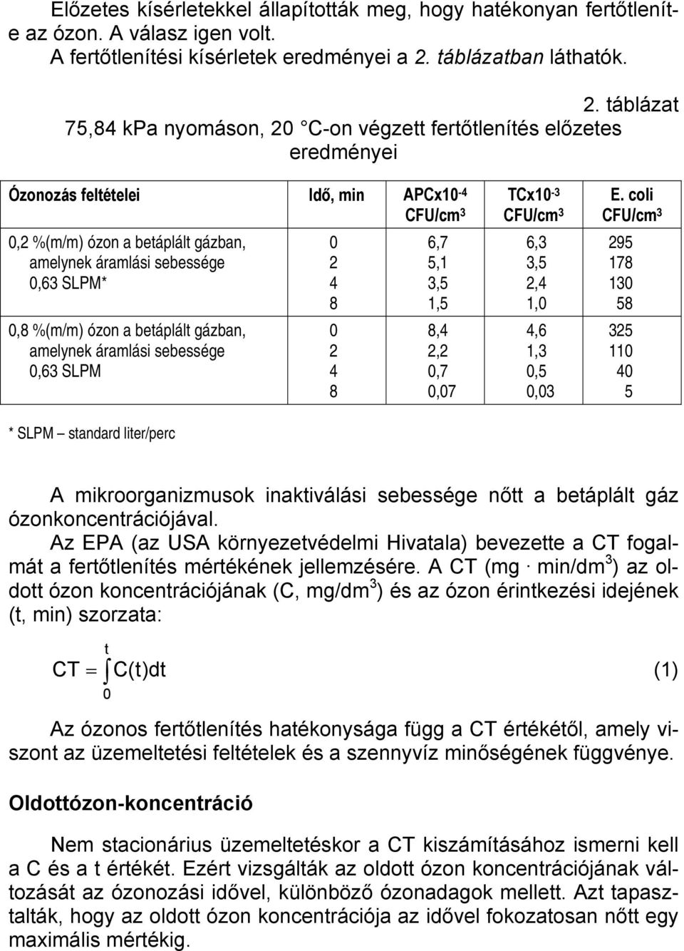 táblázat 75,84 kpa nyomáson, 2 C-on végzett fertőtlenítés előzetes eredményei Ózonozás feltételei Idő, min APCx1-4 CFU/cm 3 TCx1-3 CFU/cm 3,2 %(m/m) ózon a betáplált gázban, amelynek áramlási