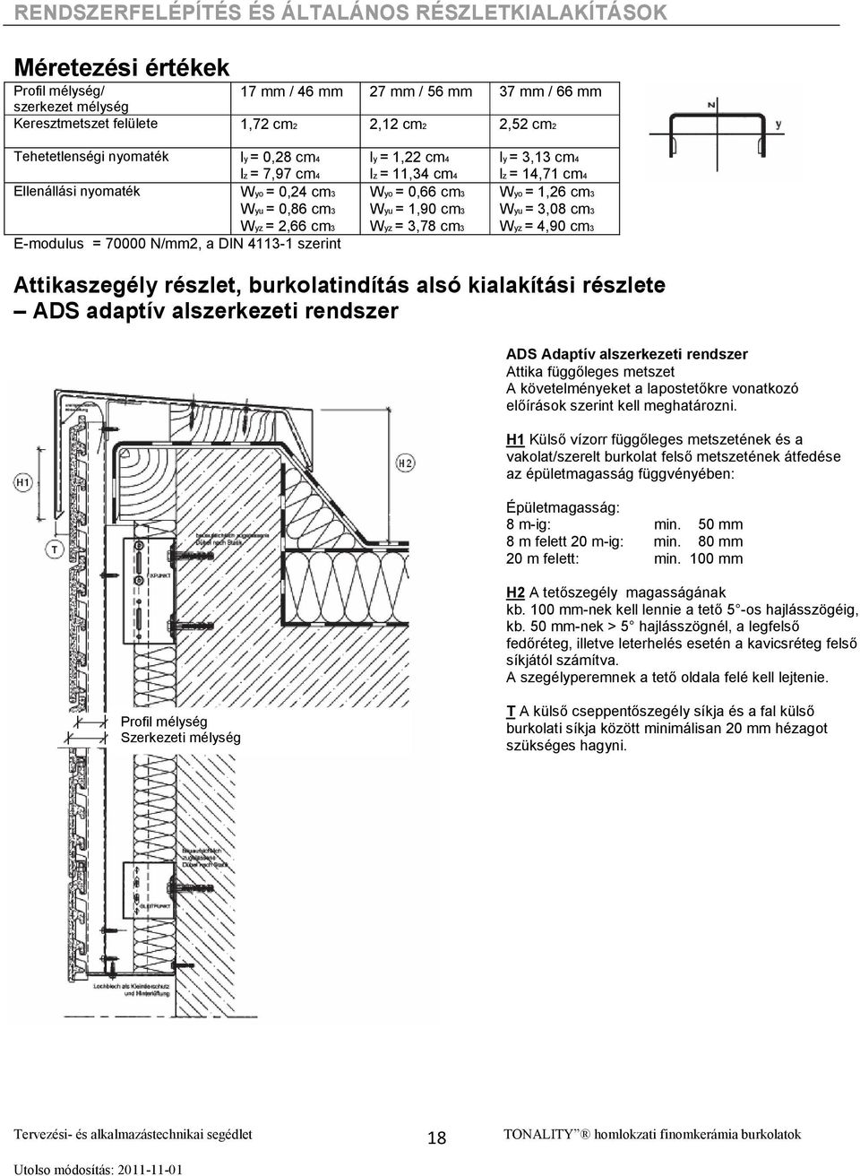 0,66 cm3 Wyu = 1,90 cm3 Wyz = 3,78 cm3 ly = 3,13 cm4 lz = 14,71 cm4 Wyo = 1,26 cm3 Wyu = 3,08 cm3 Wyz = 4,90 cm3 Attikaszegély részlet, burkolatindítás alsó kialakítási részlete ADS adaptív