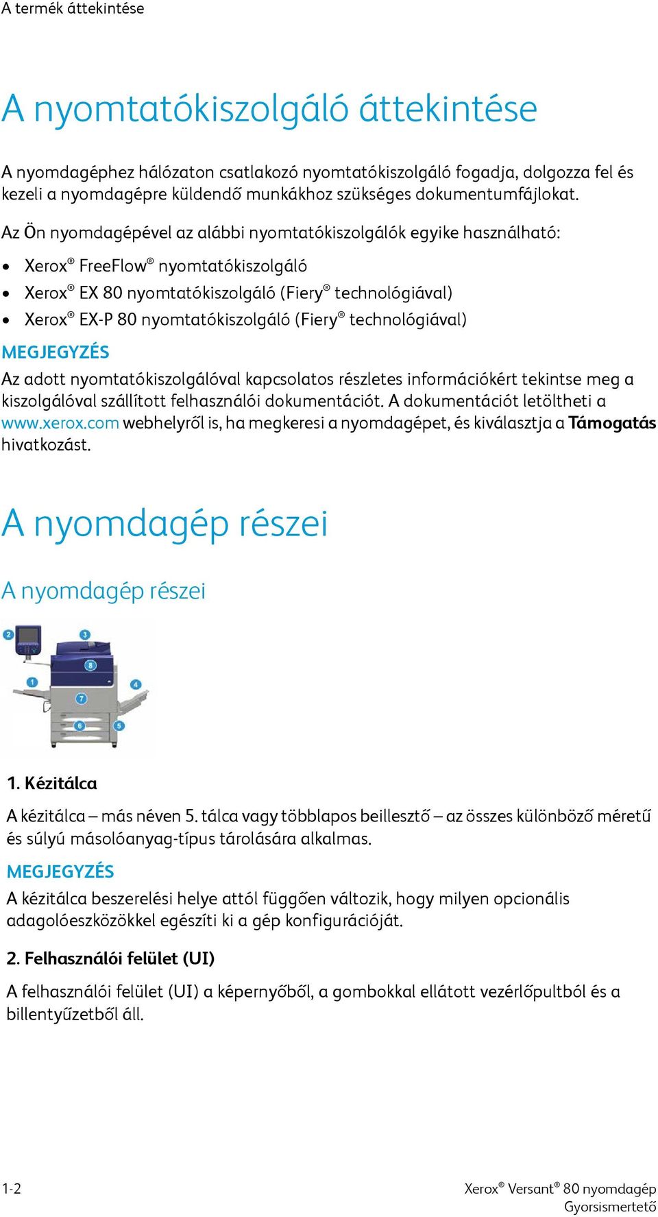 Az Ön nyomdagépével az alábbi nyomtatókiszolgálók egyike használható: Xerox FreeFlow nyomtatókiszolgáló Xerox EX 80 nyomtatókiszolgáló (Fiery technológiával) Xerox EX-P 80 nyomtatókiszolgáló (Fiery