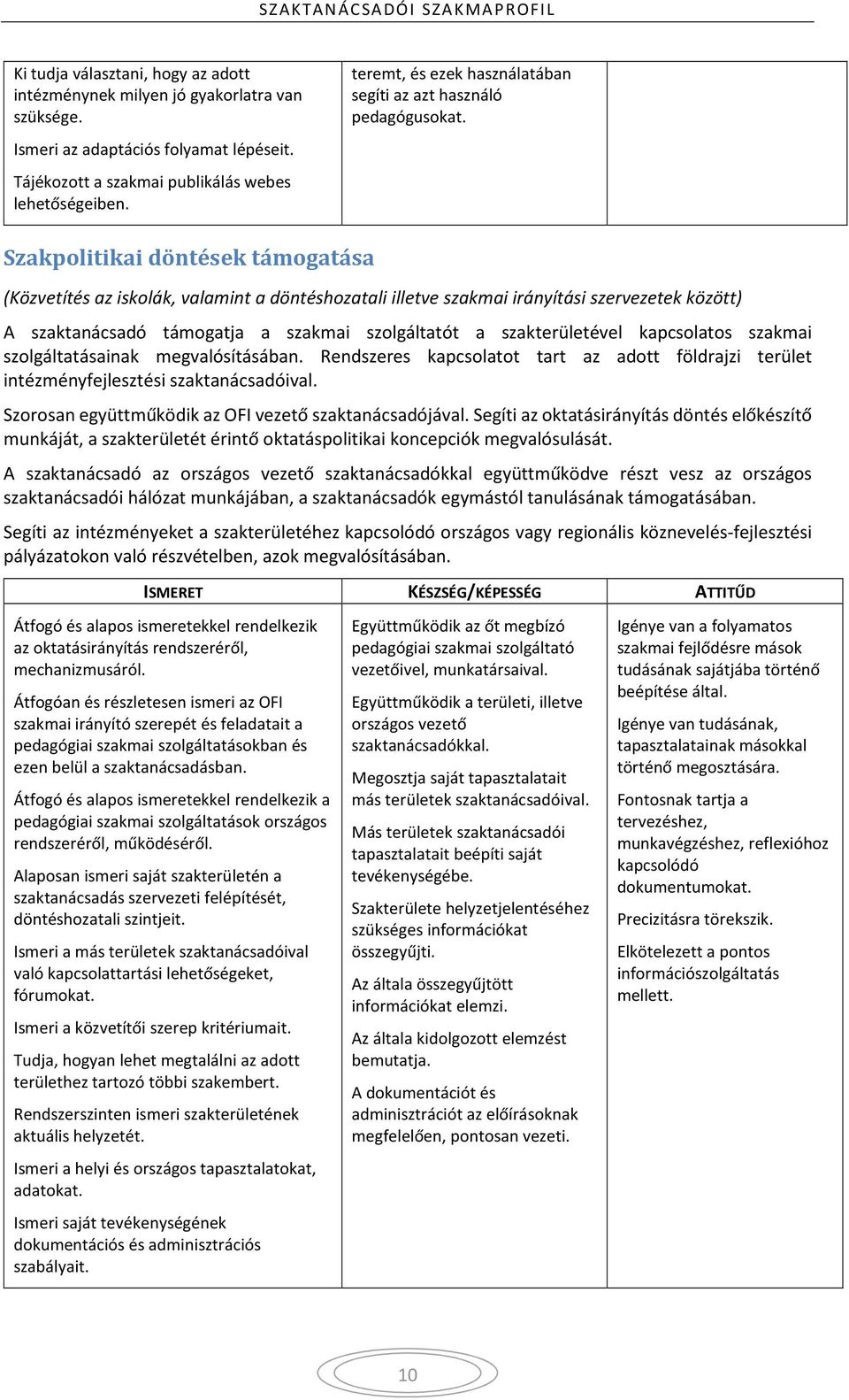 Szakpolitikai döntések támogatása (Közvetítés az iskolák, valamint a döntéshozatali illetve szakmai irányítási szervezetek között) A szaktanácsadó támogatja a szakmai szolgáltatót a szakterületével