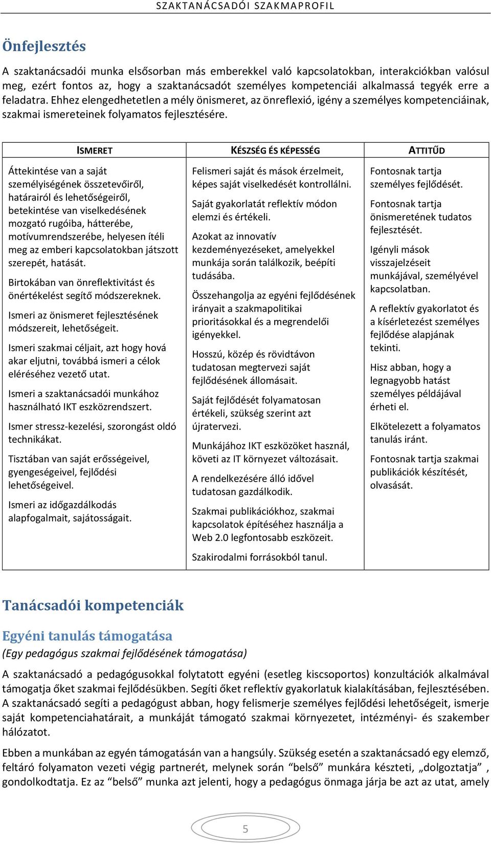 ISMERET KÉSZSÉG ÉS KÉPESSÉG ATTITŰD Áttekintése van a saját személyiségének összetevőiről, határairól és lehetőségeiről, betekintése van viselkedésének mozgató rugóiba, hátterébe, motívumrendszerébe,