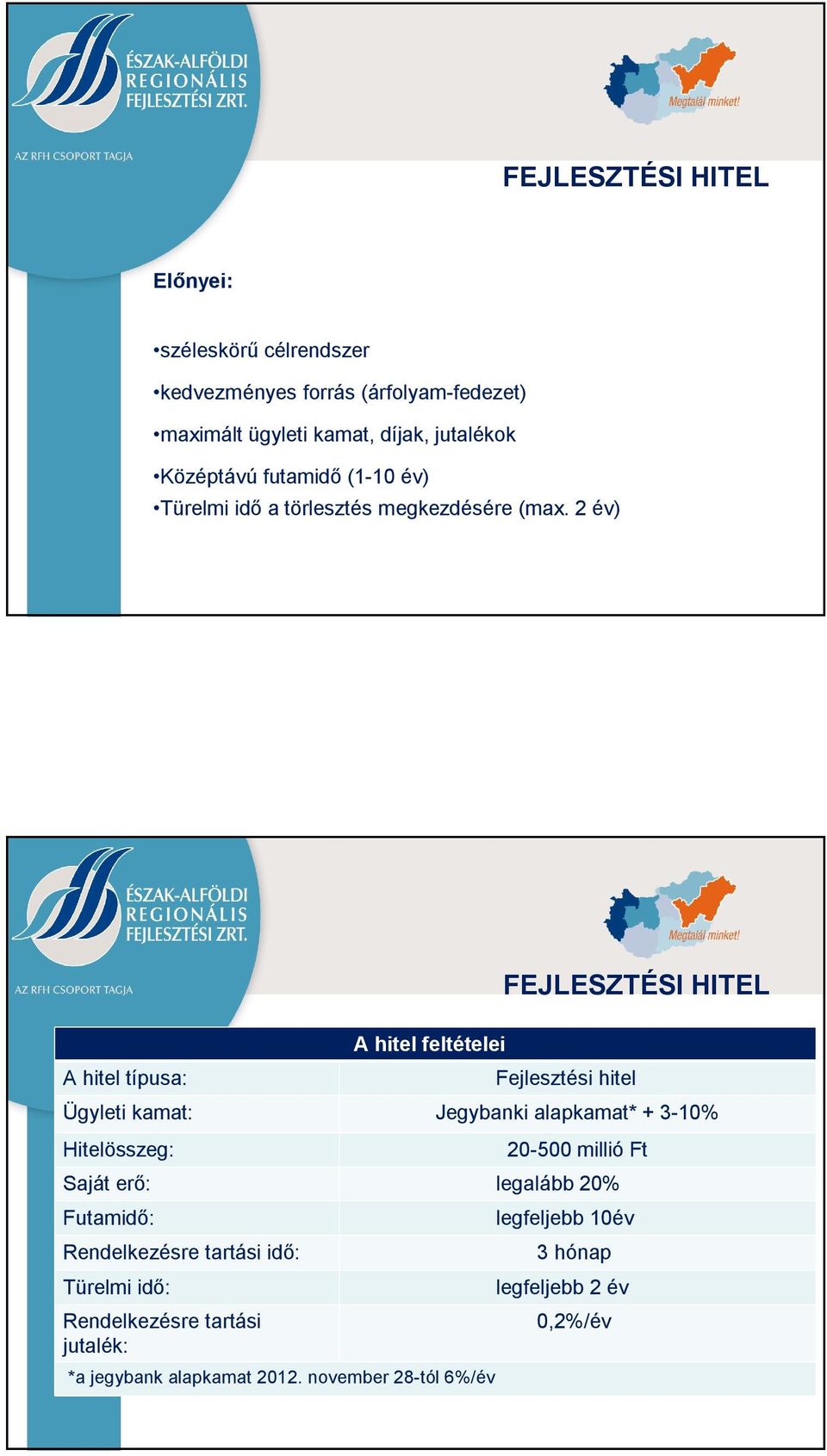 2 év) FEJLESZTÉSI HITEL A hitel típusa: A hitel feltételei Fejlesztési hitel Ügyleti kamat: Jegybanki alapkamat* + 3-10% Hitelösszeg: