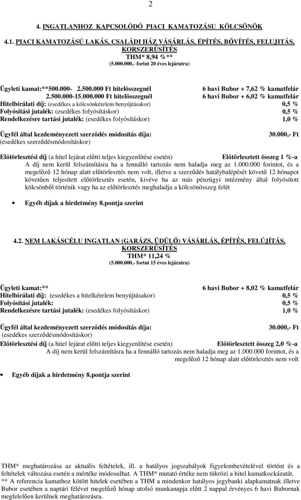 Rendelkezésre tartási jutalék: (esedékes folyósításkor) 6 havi Bubor + 7,62 % kamatfelár 6 havi Bubor + 6,02 % kamatfelár 1,0 % Előtörlesztett összeg 1 %-a A díj nem kerül felszámításra ha a fennálló