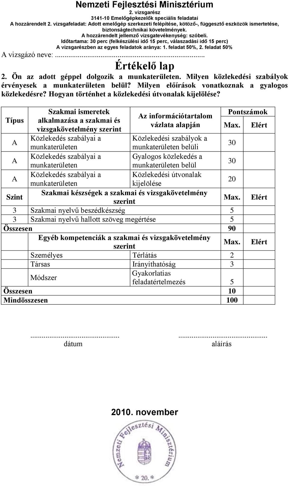 Típus Szakmai ismeretek alkalmazása a szakmai és vizsgakövetelmény szerint Közlekedés szabályai a munkaterületen Közlekedés szabályai a munkaterületen Közlekedés szabályai a munkaterületen z