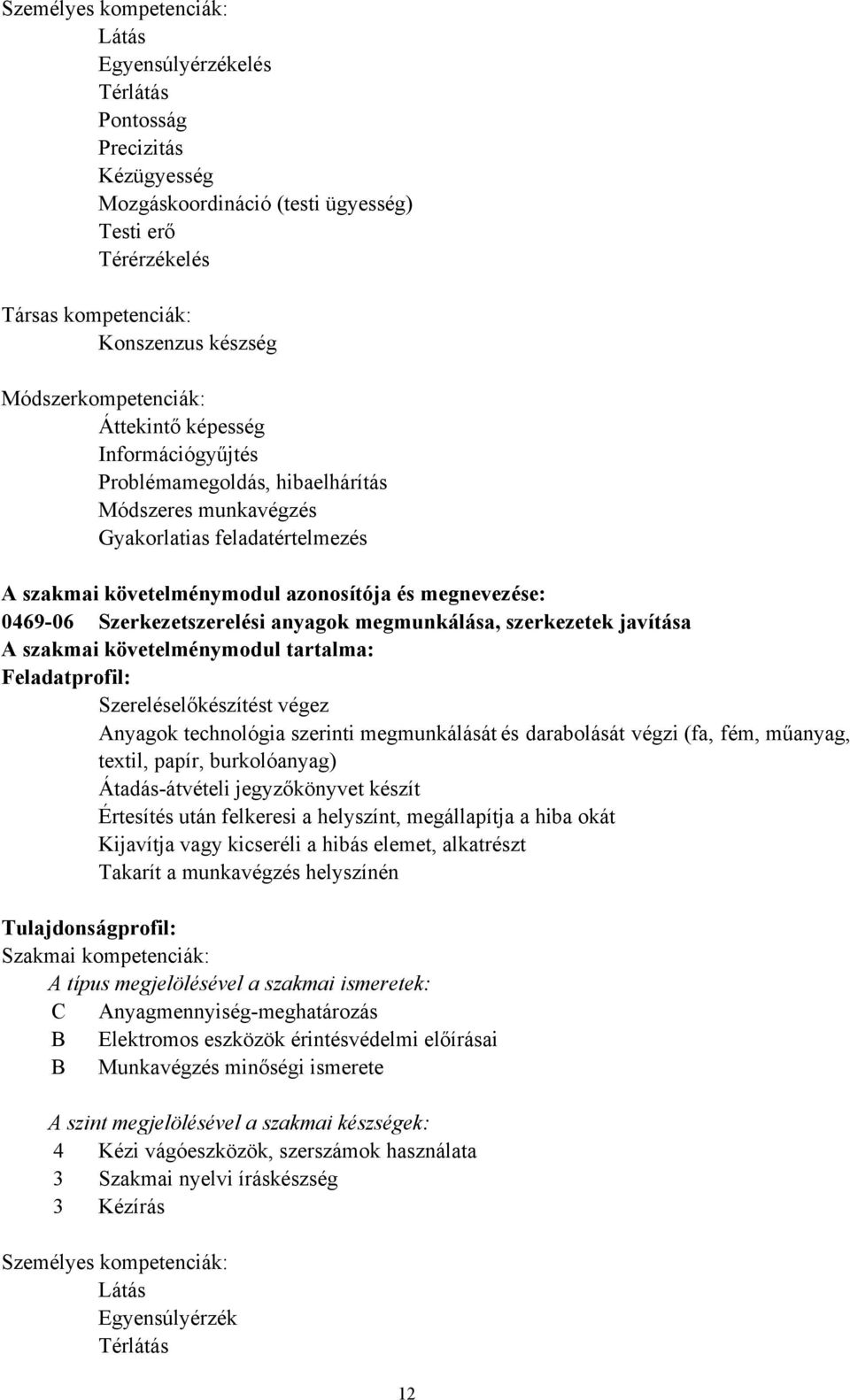 046906 Szerkezetszerelési anyagok megmunkálása, szerkezetek javítása A szakmai követelménymodul tartalma: Feladatprofil: Szereléselőkészítést végez Anyagok technológia szerinti megmunkálását és