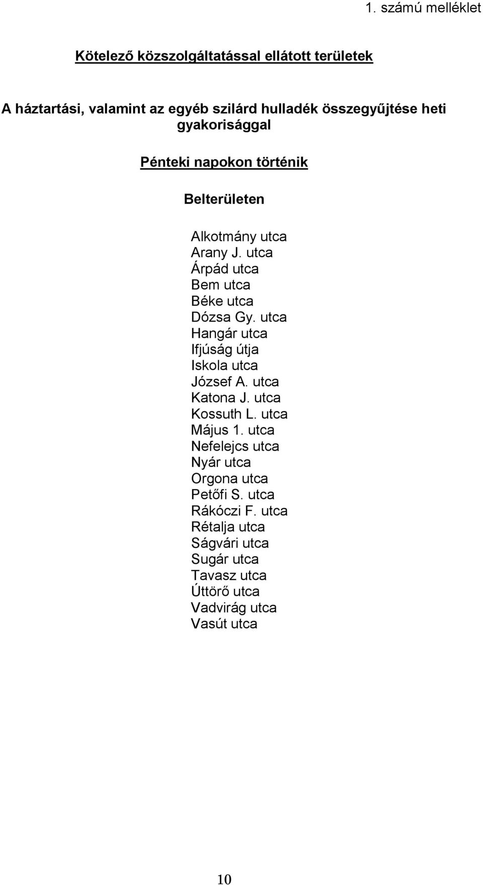 utca Hangár utca Ifjúság útja Iskola utca József A. utca Katona J. utca Kossuth L. utca Május 1.