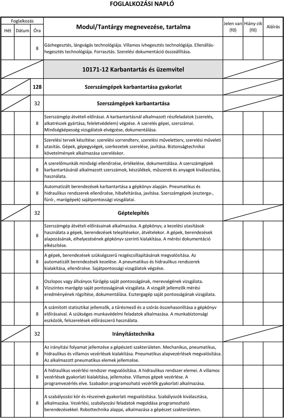10171-12 Karbantartás és üzemvitel 12 Szerszámgépek karbantartása gyakorlat 32 Szerszámgépek karbantartása Szerszámgép átvételi előírásai.