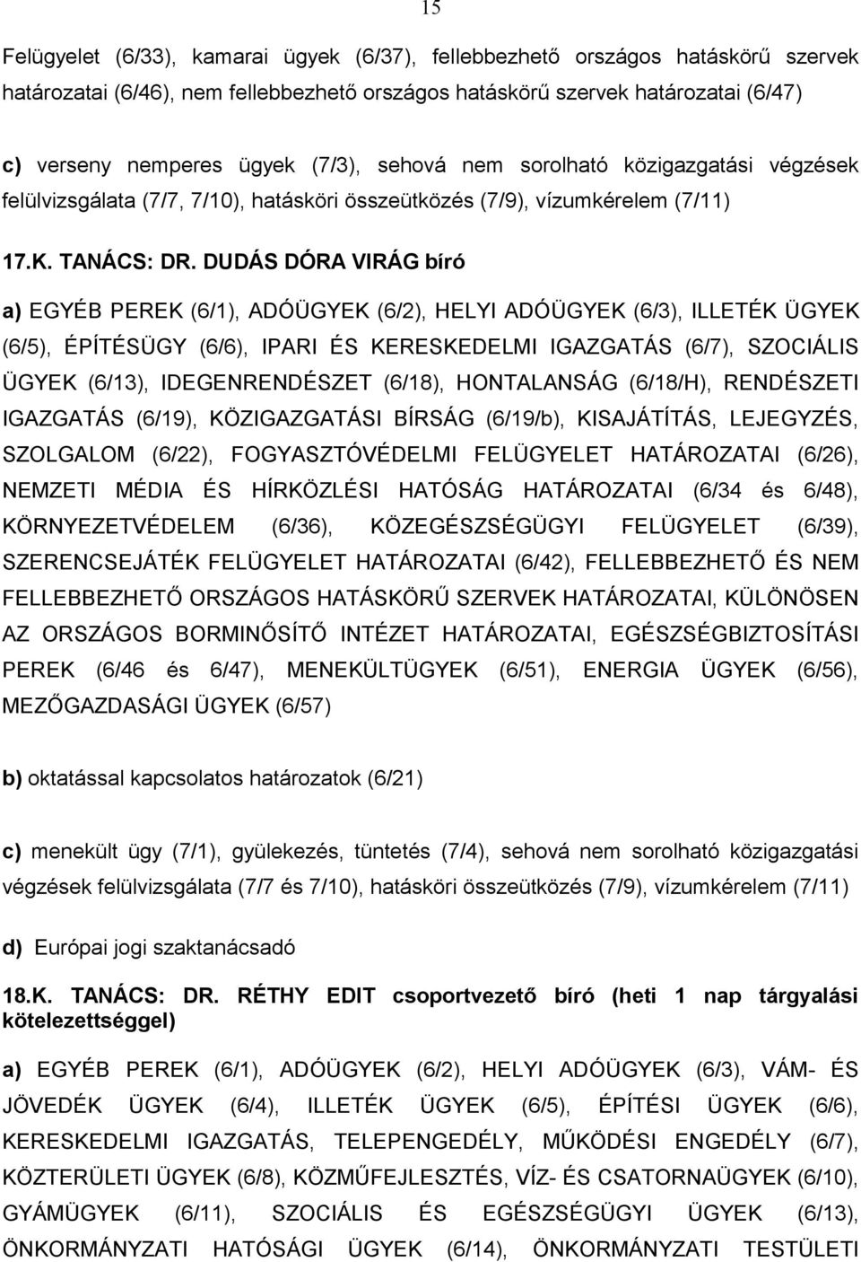 DUDÁS DÓRA VIRÁG bíró a) EGYÉB PEREK (6/1), ADÓÜGYEK (6/2), HELYI ADÓÜGYEK (6/3), ILLETÉK ÜGYEK (6/5), ÉPÍTÉSÜGY (6/6), IPARI ÉS KERESKEDELMI IGAZGATÁS (6/7), SZOCIÁLIS ÜGYEK (6/13), IDEGENRENDÉSZET