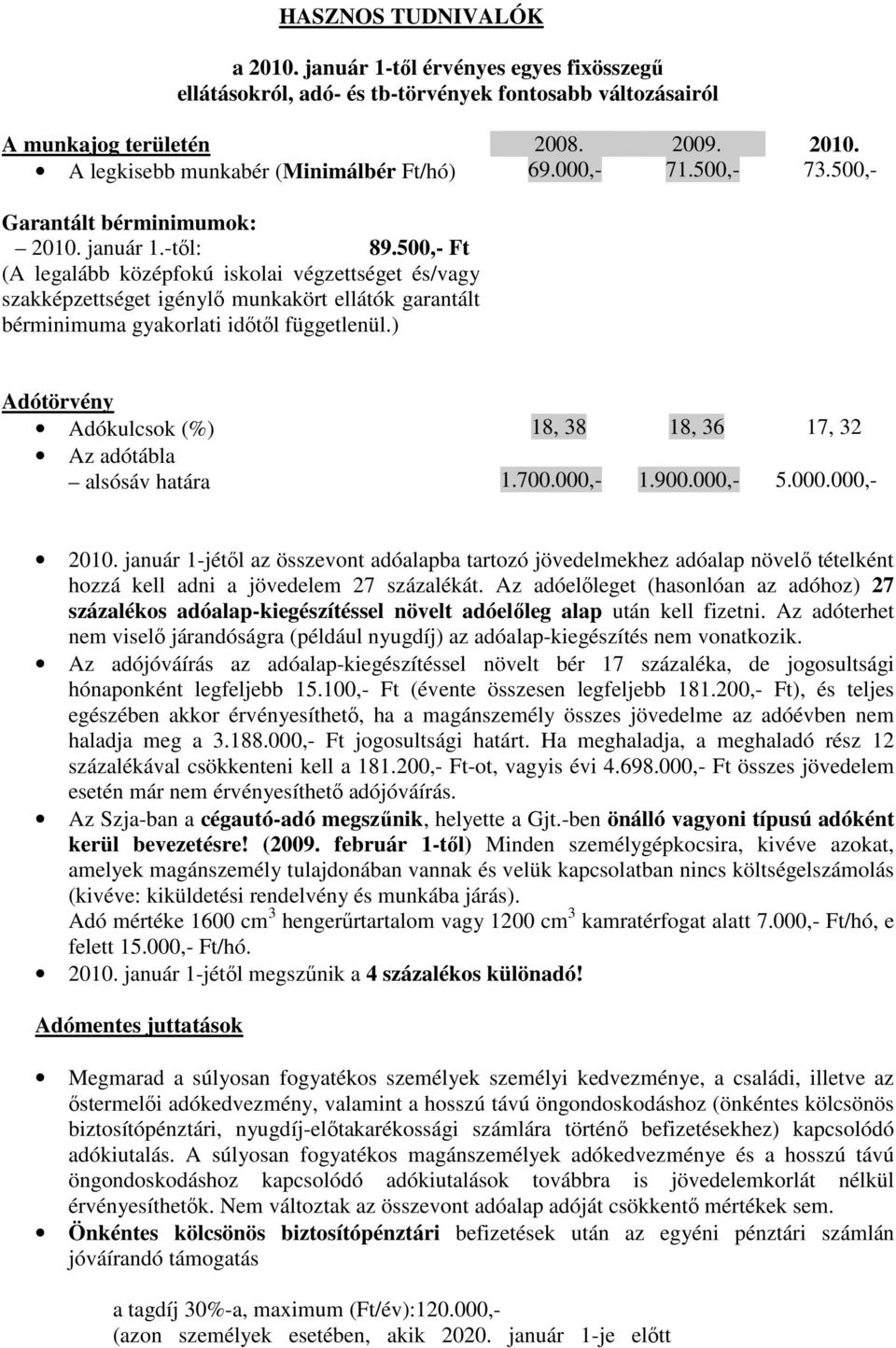 500,- Ft (A legalább középfokú iskolai végzettséget és/vagy szakképzettséget igénylı munkakört ellátók garantált bérminimuma gyakorlati idıtıl függetlenül.