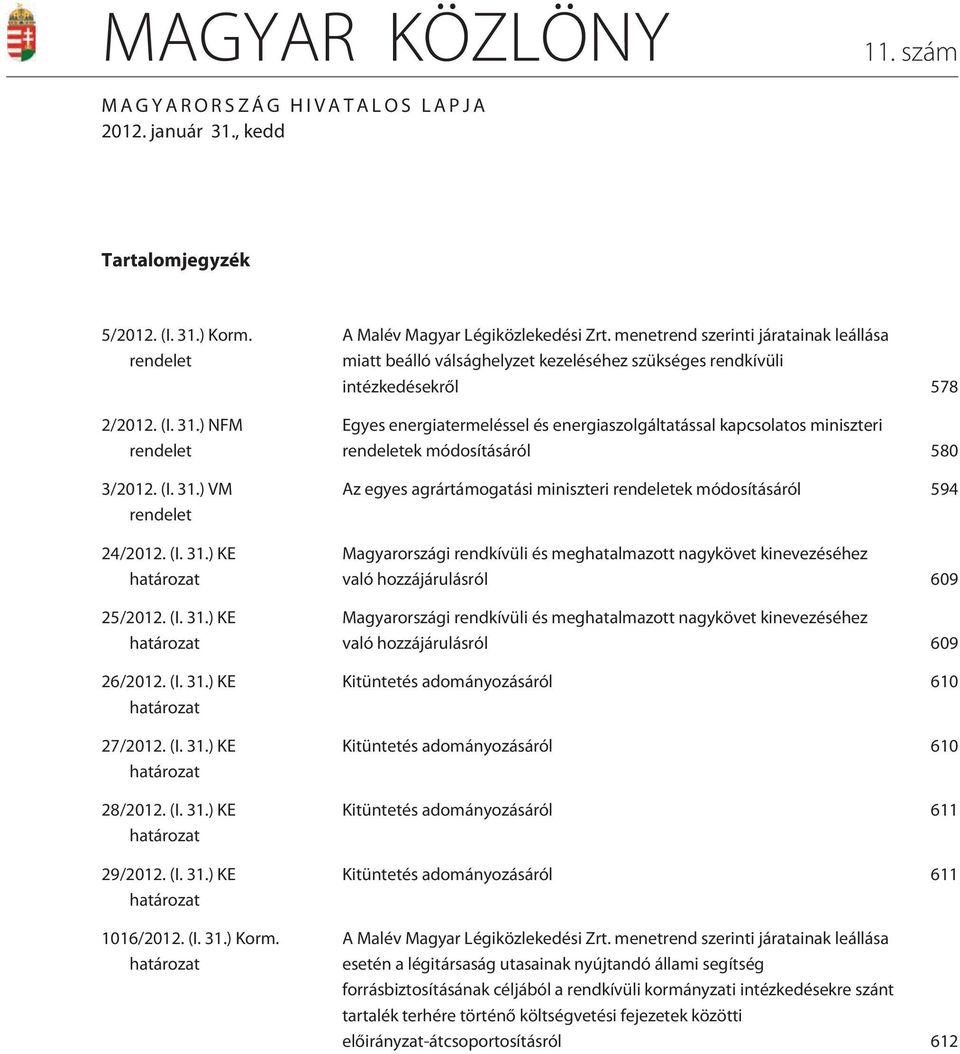 határozat A Malév Magyar Légiközlekedési Zrt.