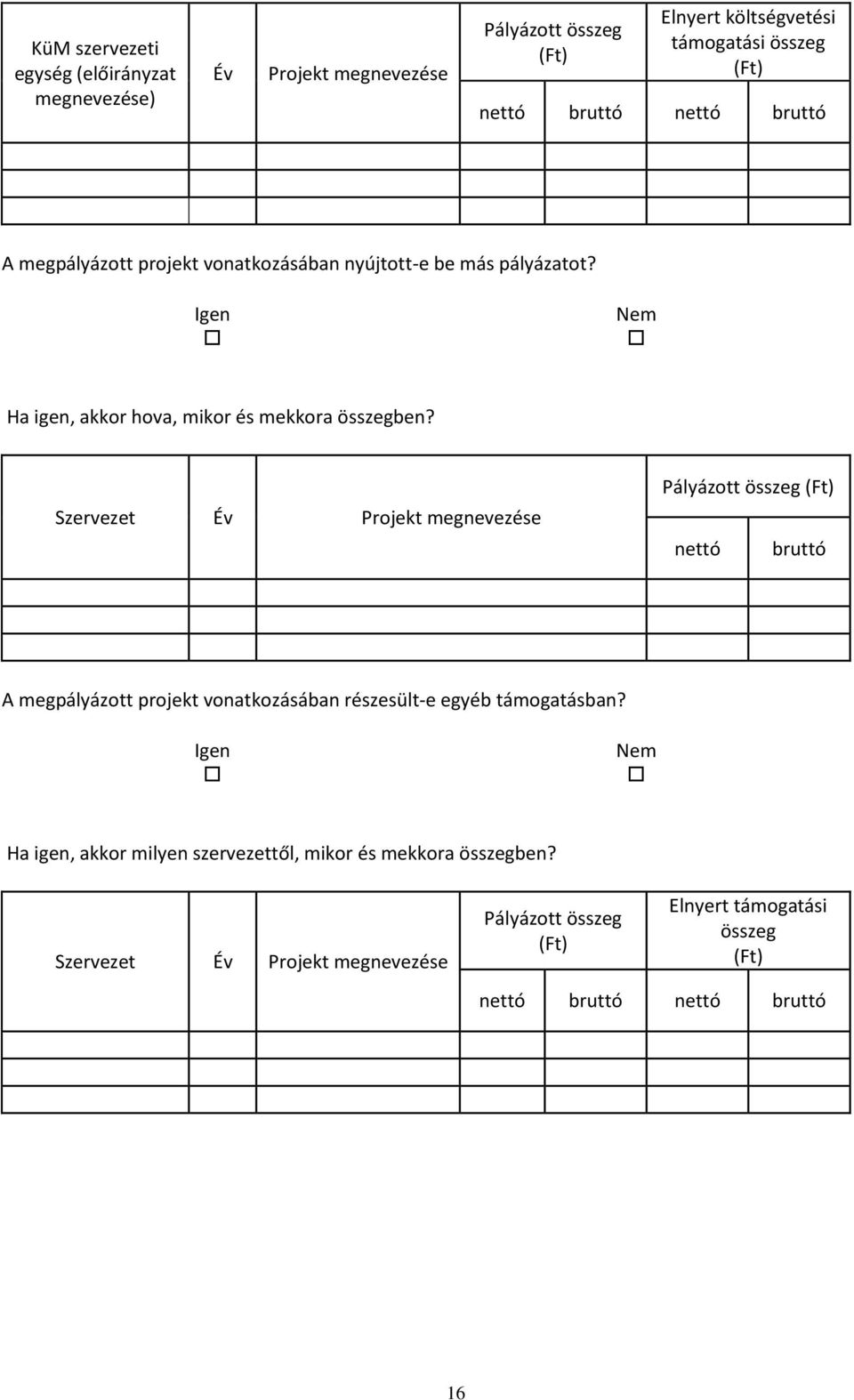 Szervezet Év Projekt megnevezése Pályázott összeg (Ft) nettó bruttó A megpályázott projekt vonatkozásában részesült-e egyéb támogatásban?