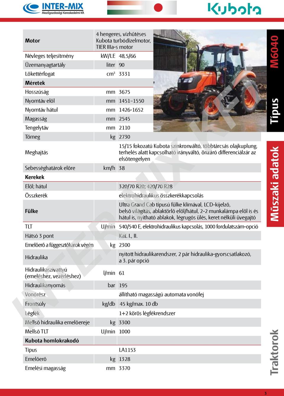 differenciálzár az elsőtengelyen Sebességhatárok előre km/h 38 Kerekek Elöl; hátul 320/70 R20; 420/70 R28 Összkerék elektrohidraulikus összkerékkapcsolás Fülke Ultra Grand Cab típusú fülke klímával,