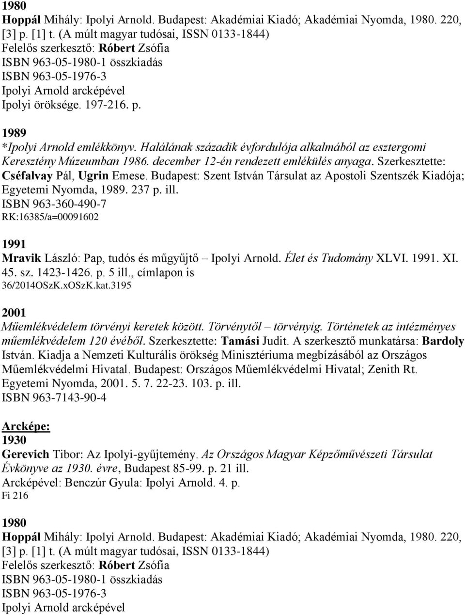 1989 *Ipolyi Arnold emlékkönyv. Halálának századik évfordulója alkalmából az esztergomi Keresztény Múzeumban 1986. december 12-én rendezett emlékülés anyaga. Szerkesztette: Cséfalvay Pál, Ugrin Emese.