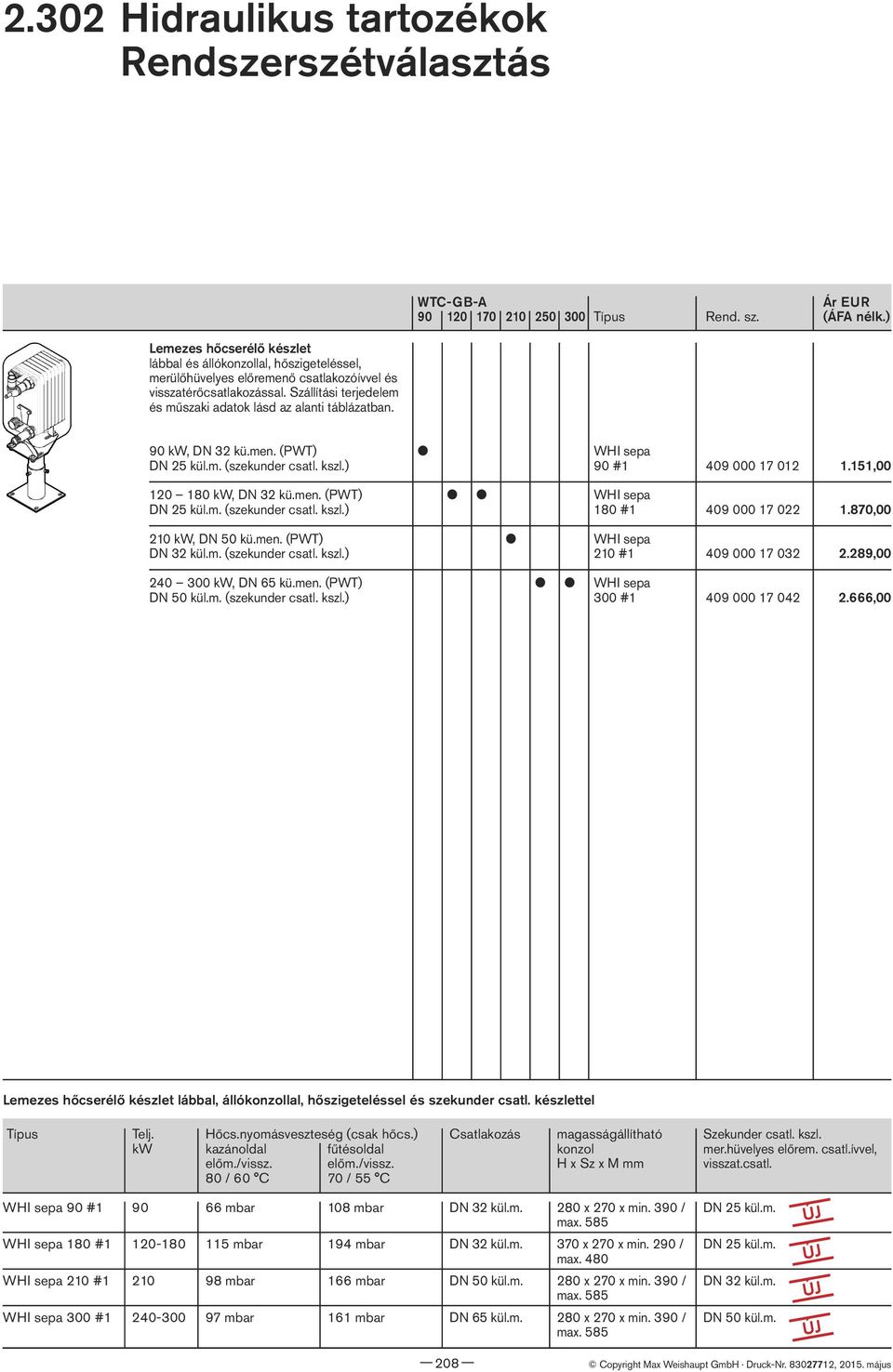 m. (szekunder csatl. kszl.) 180 #1 409 000 17 022 210 kw, DN 50 kü.men. (PWT) l WHI sepa DN 32 kül.m. (szekunder csatl. kszl.) 210 #1 409 000 17 032 240 300 kw, DN 65 kü.men. (PWT) l l WHI sepa DN 50 kül.