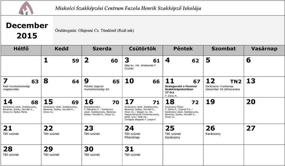 / Karácsonyi vásár, Szelekovszky, Bereznai, Szalay, Horváth K., Orosz Cs. 10 66 11 67 Szalagavató a Ferenczi Szakközépiskolában 17 óra F: Zsíros P.