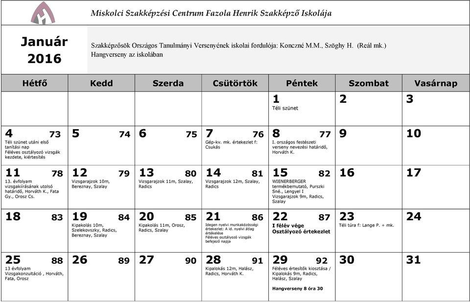 országos festészeti verseny nevezési határidő, Horváth K. 9 10 11 78 13. évfolyam vizsgakiírásának utolsó határidő, Horváth K., Fata Gy., Orosz Cs.