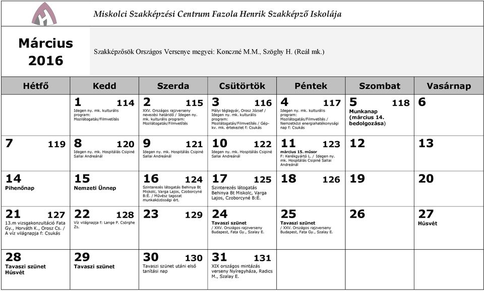 Országos rajzverseny nevezési határidő / Idegen ny. mk. kulturális program: Mozilátogatás/Filmvetítés 9 121 Idegen ny. mk. Hospitálás Csipiné Sallai Andreánál 16 124 Szinterezés látogatás Behinya Bt Miskolc, Varga Lajos, Czoborcyné B:É.