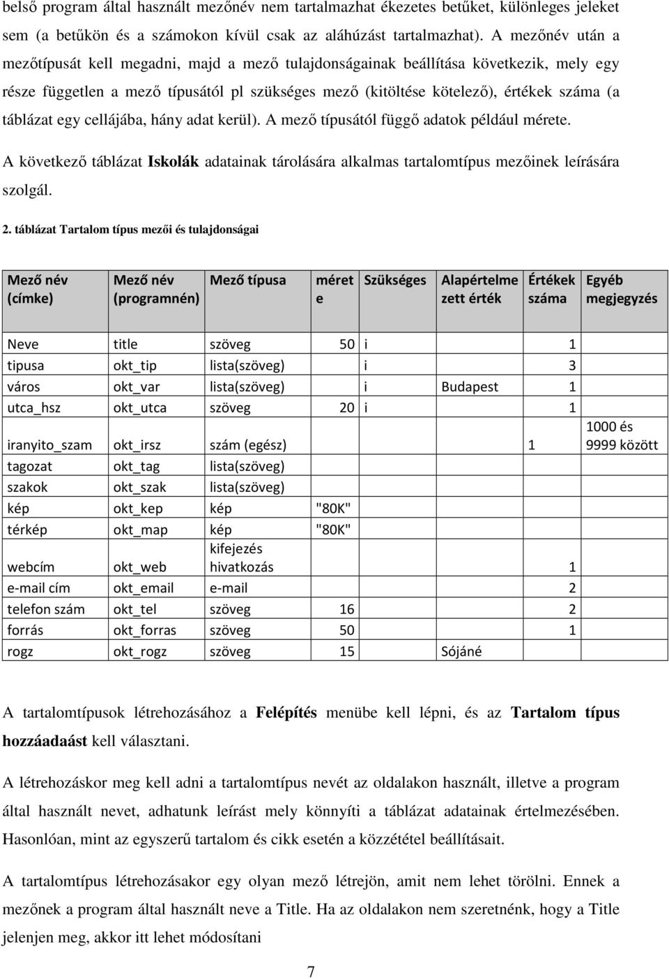 táblázat egy cellájába, hány adat kerül). A mező típusától függő adatok például mérete. A következő táblázat Iskolák adatainak tárolására alkalmas tartalomtípus mezőinek leírására szolgál. 2.