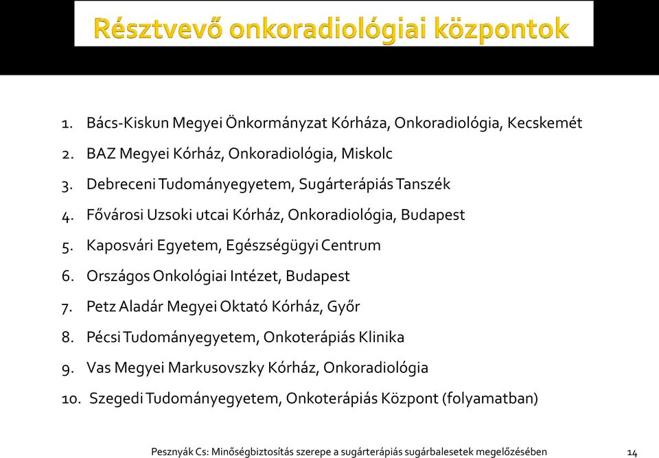 Kaposvári Egyetem, Egészségügyi Centrum 6. Országos Onkológiai Intézet, Budapest 7. Petz Aladár Megyei Oktató Kórház, Győr 8.