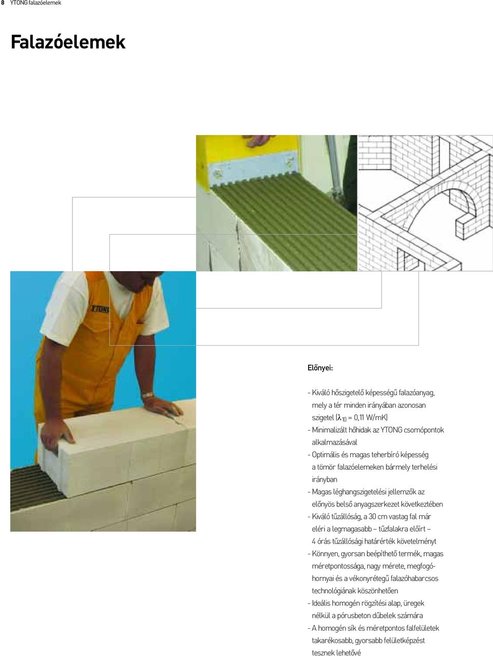 tûzállóság, a 30 cm vastag fal már eléri a legmagasabb tûzfalakra elõírt 4 órás tûzállósági határérték követelményt - Könnyen, gyorsan beépíthetõ termék, magas méretpontossága, nagy mérete,