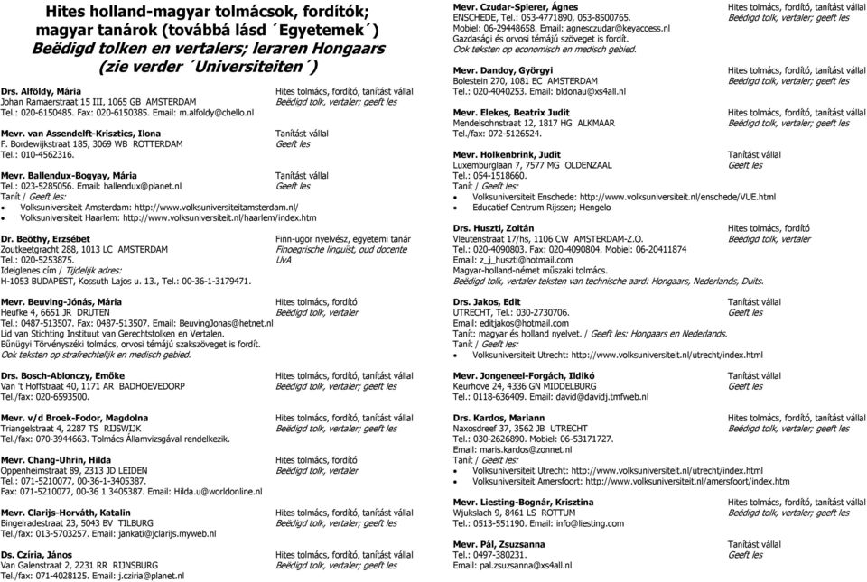 nl Mevr. van Assendelft-Krisztics, Ilona Tanítást vállal F. Bordewijkstraat 185, 3069 WB ROTTERDAM Geeft les Tel.: 010-4562316. Mevr. Ballendux-Bogyay, Mária Tanítást vállal Tel.: 023-5285056.